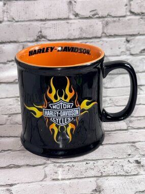 Vintage 2000 Harley Davidson Motorcycles Coffee Mug Cup Fire Black Orange Cycles